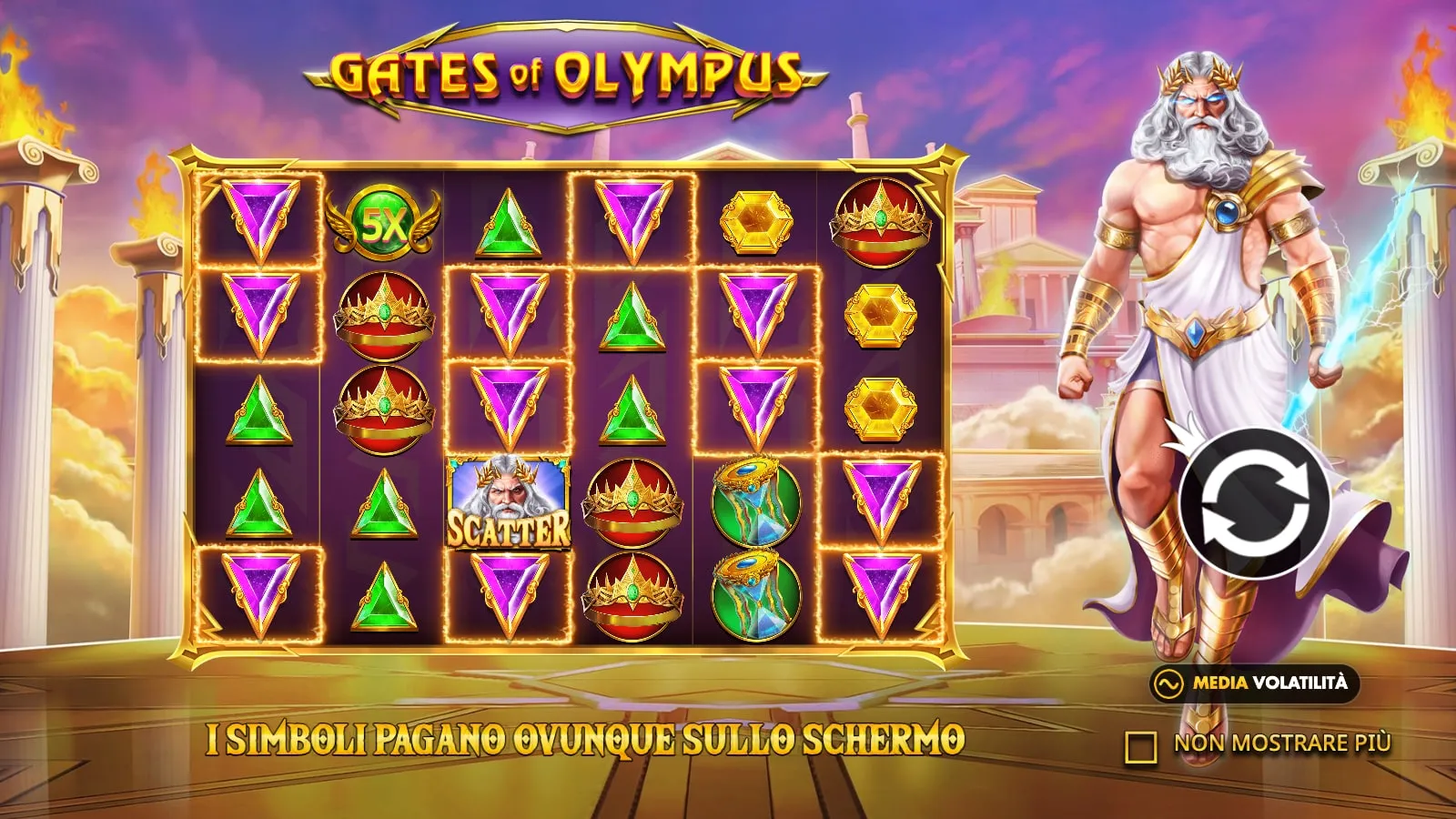 Gates of Olympus di Pragmatic Play: Zeus accanto alla griglia 6×5 nella schermata iniziale della demo ufficiale