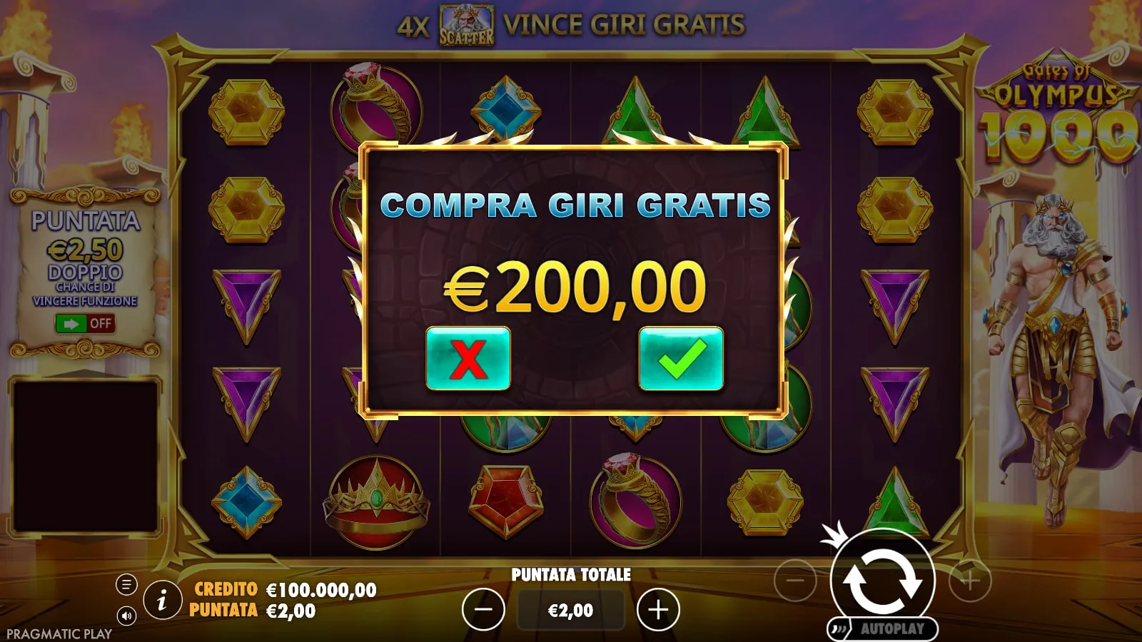 Finestra Compra giri gratis di Gates of Olympus 1000: 200 euro con puntata da 2 euro