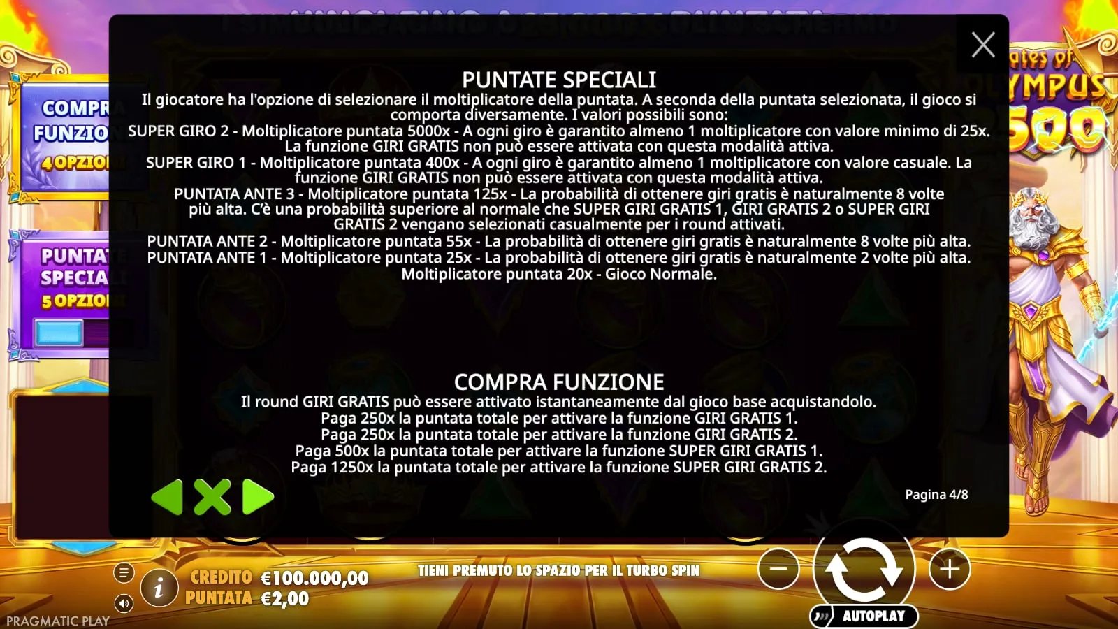 Pagina delle regole di Gates of Olympus 2500 su puntate speciali e acquisti: «Paga 250x» per Giri Gratis 1 e «moltiplicatore puntata 125x» per l’Ante 3