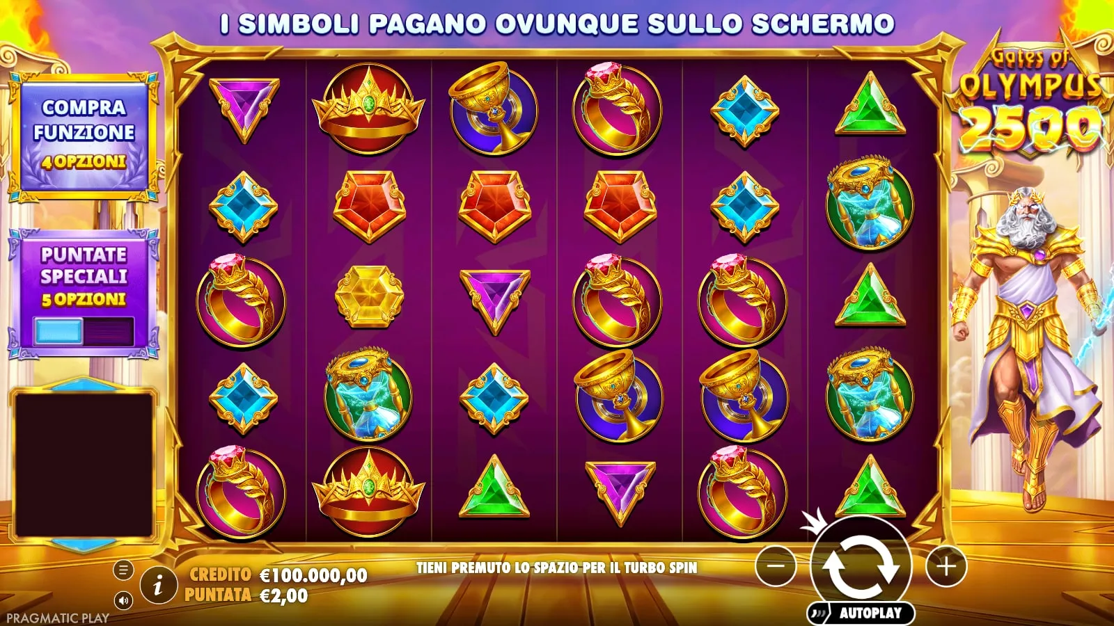 Gates of Olympus 2500 nella demo ufficiale, con i menu Compra funzione e Puntate speciali