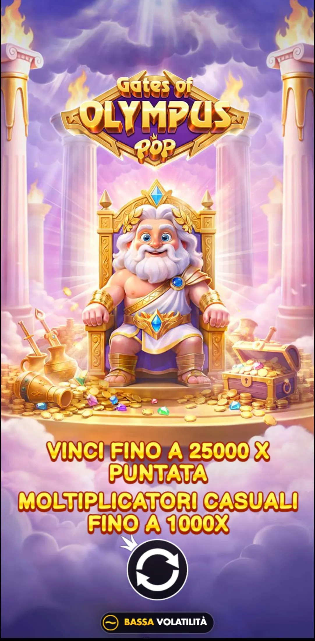 Schermata iniziale di Gates of Olympus POP: Zeus in versione cartone animato, vinci fino a 25000x la puntata, bassa volatilità