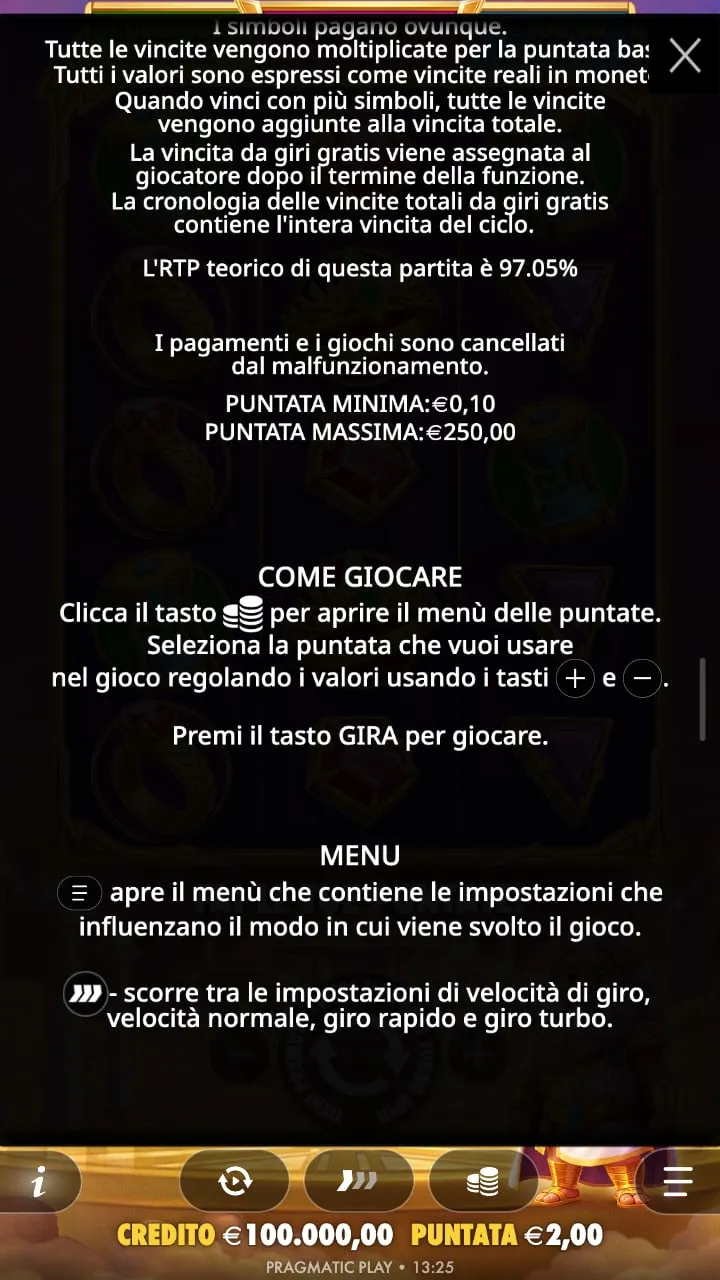 Regole di POP nella demo ufficiale: RTP teorico 97,05%, puntata minima 0,10 euro, massima 250 euro