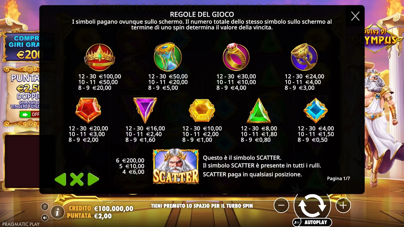 La prima delle sette pagine di regole di Gates of Olympus, con la tabella dei pagamenti