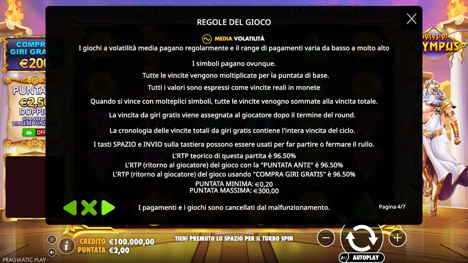 Pagina delle regole di Gates of Olympus con volatilità media, RTP teorico 96,50% e puntata minima e massima