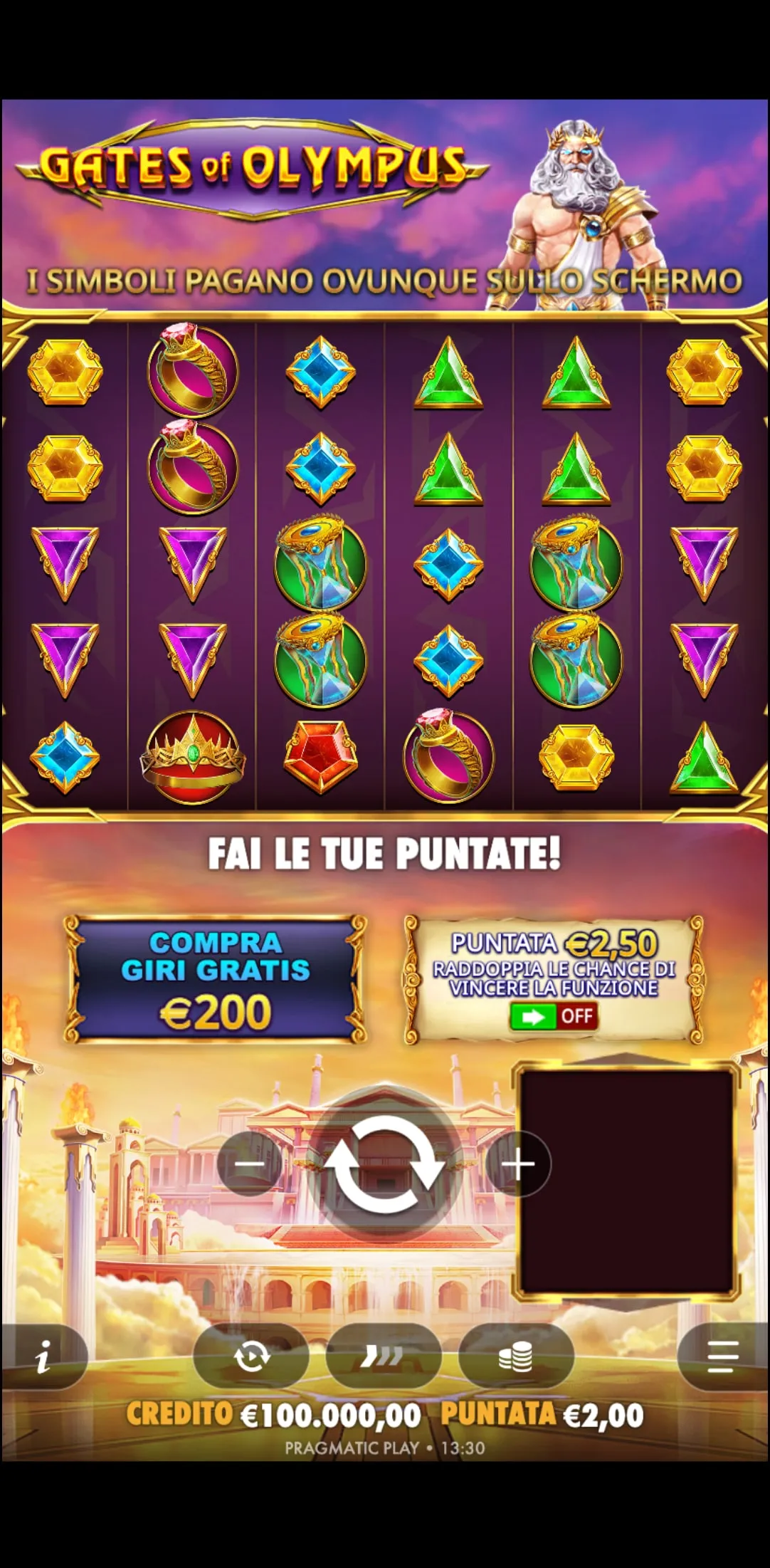 Gates of Olympus su schermo verticale: griglia 6×5 in alto e comandi in basso